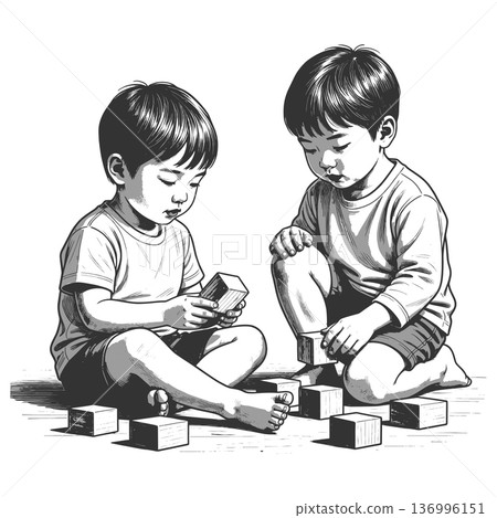 Two Toddlers Playing with Wooden Blocks raster Two Toddlers Playing with Wooden Blocks raster 136996151