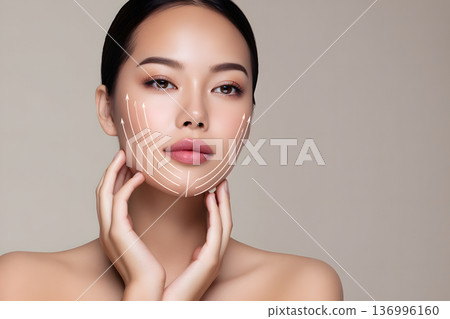 一位美麗女性的側臉肖像。展現整容手術和臉部線條之美的視覺效果。 136996160