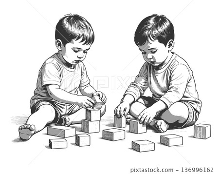 Two Toddlers Playing with Wooden Blocks vector 136996162