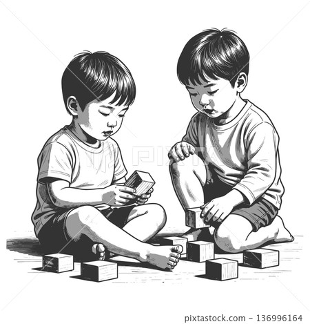 Two Toddlers Playing with Wooden Blocks vector Two Toddlers Playing with Wooden Blocks vector 136996164