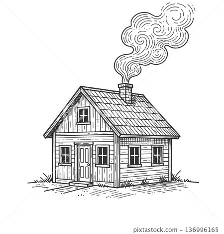 Rustic Wooden Cabin engraving raster illustration Rustic Wooden Cabin engraving raster illustration 136996165