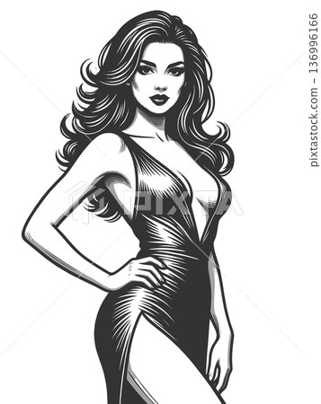 Elegant woman in dress line art raster Elegant woman in dress line art raster 136996166
