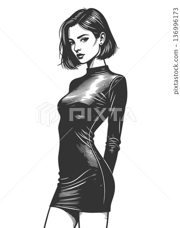 Elegant woman in dress line art raster Elegant woman in dress line art raster 136996173