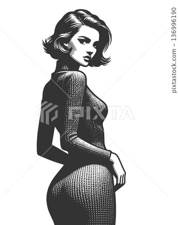 Elegant woman in dress line art vector Elegant woman in dress line art vector 136996190