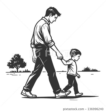 Father and Son Walking Hand in Hand vector 136996240