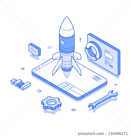 Project startup illustration featuring a rocket launching from a smartphone in a modern workspace Project startup illustration featuring a rocket launching from a smartphone in a modern workspace 136996271