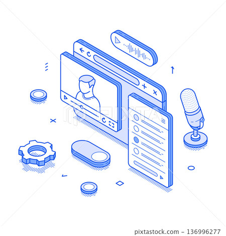 Live streaming setup with tools and icons for modern content creation and interaction Live streaming setup with tools and icons for modern content creation and interaction 136996277