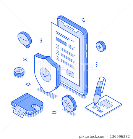 Modern isometric line vector illustration depicting insurance and financial services concepts Modern isometric line vector illustration depicting insurance and financial services concepts 136996282