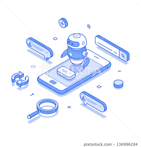 Vector illustration of an AI bot interacting with a smartphone in a modern digital landscape Vector illustration of an AI bot interacting with a smartphone in a modern digital landscape 136996284