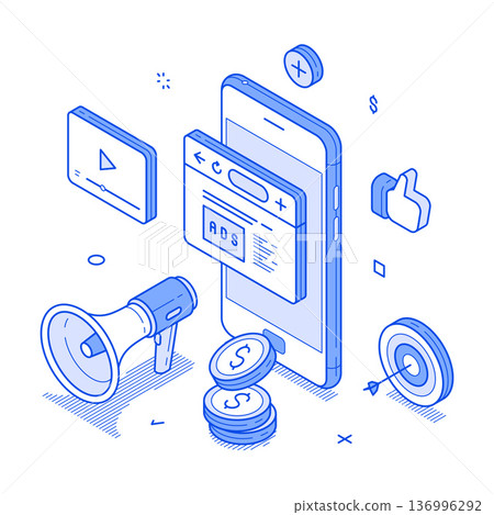 PPC campaign isometric vector illustration featuring advertising elements PPC campaign isometric vector illustration featuring advertising elements 136996292