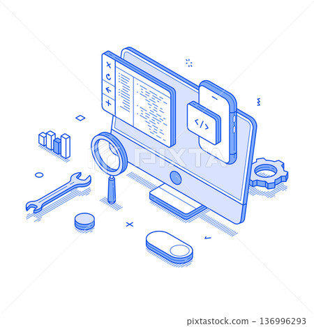 Software testing process in isometric line vector illustration 136996293