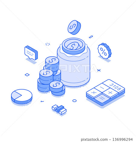 Isometric vector illustration showcasing savings with coins, a calculator, and financial symbols Isometric vector illustration showcasing savings with coins, a calculator, and financial symbols 136996294
