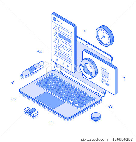 Vector illustration showcasing productivity tools in a modern workspace environment Vector illustration showcasing productivity tools in a modern workspace environment 136996298