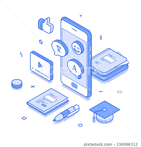 Modern Language Learning Tools: Smartphone, Books, and Graduation Cap Vector Illustration 136996312