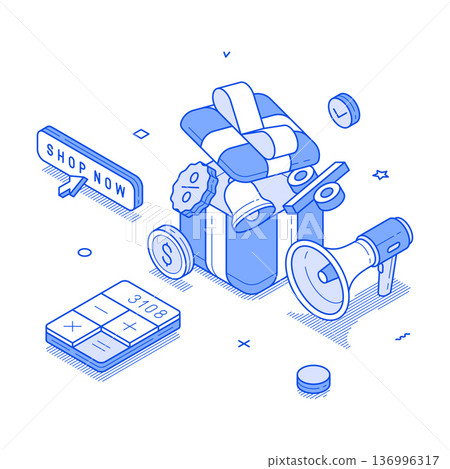 Discount Promotion: Gift Box, Calculator, and Shopping Sign Discount Promotion: Gift Box, Calculator, and Shopping Sign 136996317