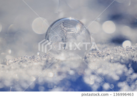Macro landscape of ice balls and snow with ice crystals trapped inside 136996463