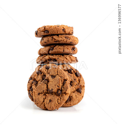 Chocolate chips cookies isolated, American biscuits, cocoa confectionery cake, sweet morsels bakery 136996577