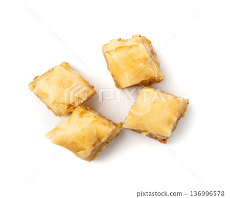 Baklava Isolated, Small Ramadan Dessert, Eastern Sweet Filo Pastries, Turkish Honey Baklawa, Oriental Desert Baklava Isolated, Small Ramadan Dessert, Eastern Sweet Filo Pastries, Turkish Honey Baklawa, Oriental Desert 136996578