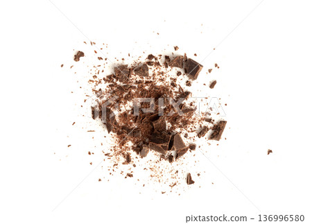 Grated Chocolate Pile Isolated, Crushed Chocolate Shavings, Crumbs, Scattered Flakes, Cocoa Sprinkles 136996580