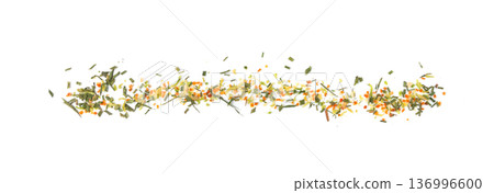 Dried vegetable mix isolated. Dehydrated greens, onion, carrot pieces, seasoning chips, flakes Dried vegetable mix isolated. Dehydrated greens, onion, carrot pieces, seasoning chips, flakes 136996600