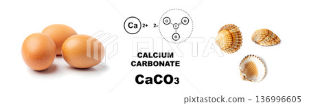 Eggs in shell as calcium carbonate, seashells, CaCO3 supplement 136996605