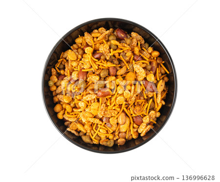 Navrattan namkeen mixture. Indian nimko snack, spicy and sweet farsaan 136996628
