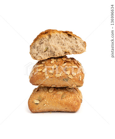 Pumpkin seeds broken bread isolated, breakfast roll with pepita seeds. Fitness square bun 136996634