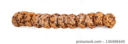Chocolate chips cookies isolated, American biscuits, cocoa confectionery cake, sweet morsels bakery 136996840