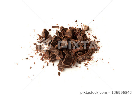 Grated Chocolate Pile Isolated, Crushed Chocolate Shavings, Crumbs, Scattered Flakes, Cocoa Sprinkles 136996843