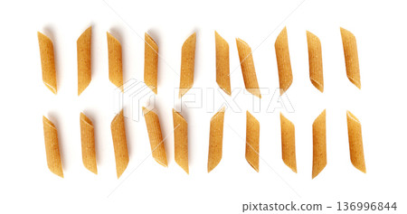 Raw Brown Pasta, Wholegrain Penne, Dry Whole Grain Noodle, Raw Spelt Macaroni, Healthy Italy Food Raw Brown Pasta, Wholegrain Penne, Dry Whole Grain Noodle, Raw Spelt Macaroni, Healthy Italy Food 136996844