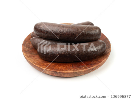 Black pudding isolated, blood sausage kaszanka, traditional Polish terrine, brawn sausages on white Black pudding isolated, blood sausage kaszanka, traditional Polish terrine, brawn sausages on white 136996877