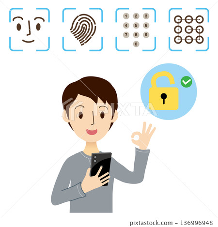 一名男子正在使用身份驗證解鎖他的智慧型手機。 136996948