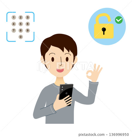 一名男子正在使用密碼解鎖他的智慧型手機 136996950