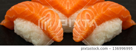 Slices of Raw Salmon Fillet on Black Background Mockup Top View 136996995