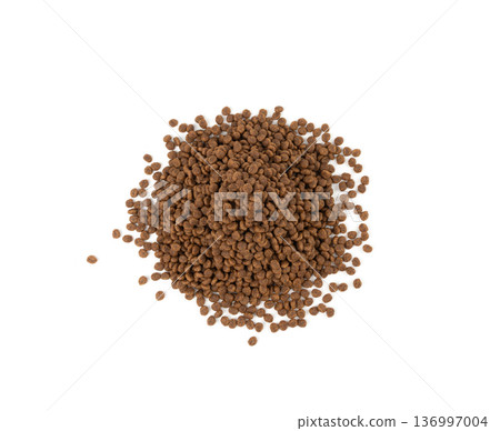 Dry pet food, dog kibble pile, puppy pellets, small canine protein croquette meal, animal food Dry pet food, dog kibble pile, puppy pellets, small canine protein croquette meal, animal food 136997004
