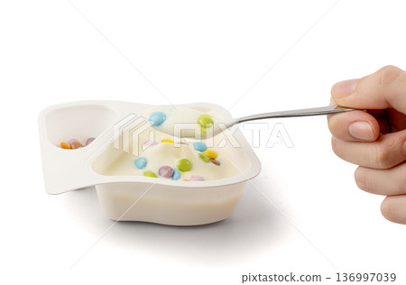 Yogurt cup isolated, yoghurt in plastic pot, milk pudding container, dairy food small package 136997039