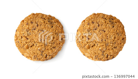 Whole and broken oatmeal cookies, cereal biscuits, fitness bakery 136997044