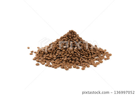 Dry pet food, dog kibble pile, puppy pellets, small canine protein croquette meal, animal food 136997052