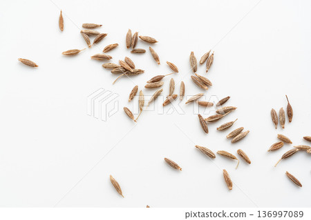 Cumin seed isolated. Caraway or fennel dry seeds close up, zeera macro, Indian cumin or zira grains Cumin seed isolated. Caraway or fennel dry seeds close up, zeera macro, Indian cumin or zira grains 136997089