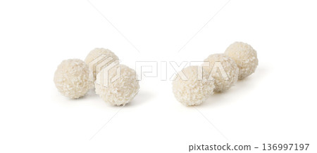 Coconut candies isolated, coco balls set. White truffle ball, indian ladoo or laddu with sweet cream Coconut candies isolated, coco balls set. White truffle ball, indian ladoo or laddu with sweet cream 136997197