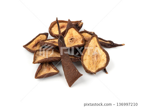 Dry pear slices isolated, dried apple chips, healthy fruit snack Dry pear slices isolated, dried apple chips, healthy fruit snack 136997210