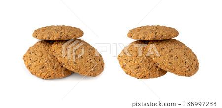 Whole and broken oatmeal cookies, cereal biscuits, fitness bakery Whole and broken oatmeal cookies, cereal biscuits, fitness bakery 136997233