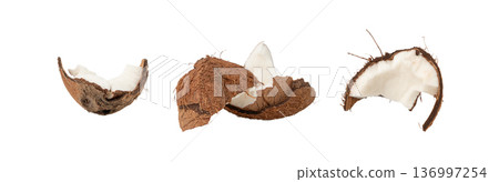 Coconut pieces, broken coco nut isolated, fresh tropical palm fruit slices, open cracked coconut Coconut pieces, broken coco nut isolated, fresh tropical palm fruit slices, open cracked coconut 136997254
