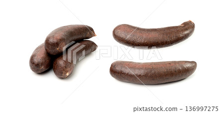 Black pudding isolated, blood sausage kaszanka, traditional Polish terrine, brawn sausages on white 136997275