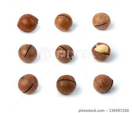 Macadamia nuts isolated. Natural raw peeled macadamia seeds and shells 136997280