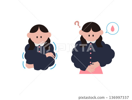 Illustration of a woman with chills and abdominal pain 136997337