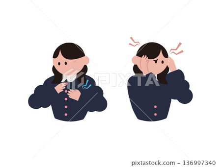 Illustration of a woman with chest tightness and headache symptoms 136997340