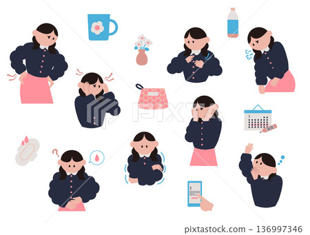 Illustration set of various symptoms and icons during illness and pregnancy Illustration set of various symptoms and icons during illness and pregnancy 136997346