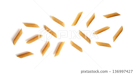Raw Brown Pasta, Wholegrain Penne, Dry Whole Grain Noodle, Raw Spelt Macaroni, Healthy Italy Food Raw Brown Pasta, Wholegrain Penne, Dry Whole Grain Noodle, Raw Spelt Macaroni, Healthy Italy Food 136997427
