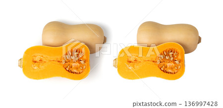 Butternut squash isolated on white. Raw fresh autumn pumpkin, ripe orange gourd Butternut squash isolated on white. Raw fresh autumn pumpkin, ripe orange gourd 136997428
